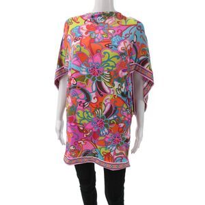 Trina Turk Women Bohemian Floral Tunic Short Sleeve Tie Multicolor Size M